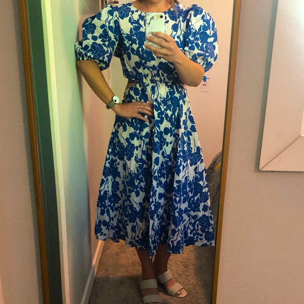 New SHEIN Blue Floral Tie-back cutout Dress size L